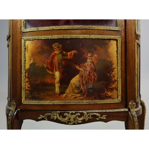 284 - FRENCH MAHOGANY, PAINTED AND GILT METAL MOUNTED VITRINE. circa 1900, with marble top and bowed glaze... 