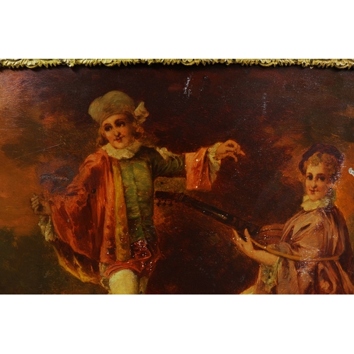 284 - FRENCH MAHOGANY, PAINTED AND GILT METAL MOUNTED VITRINE. circa 1900, with marble top and bowed glaze... 