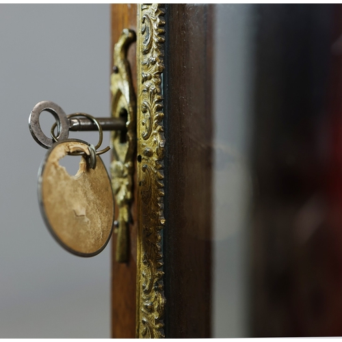 284 - FRENCH MAHOGANY, PAINTED AND GILT METAL MOUNTED VITRINE. circa 1900, with marble top and bowed glaze... 