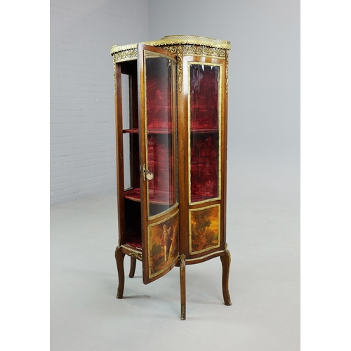 284 - FRENCH MAHOGANY, PAINTED AND GILT METAL MOUNTED VITRINE. circa 1900, with marble top and bowed glaze... 