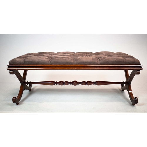 285 - VICTORIAN STYLE MAHOGANY HEARTH STOOL. dark brown Alcantara drop in seat.