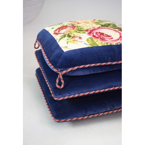 288 - NEEDLEWORK AND BLUE VELVET POUFFE. in the form of stacked cushions on castors, 41cm H 58cm W x 58cm ... 