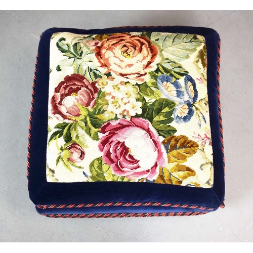 288 - NEEDLEWORK AND BLUE VELVET POUFFE. in the form of stacked cushions on castors, 41cm H 58cm W x 58cm ... 