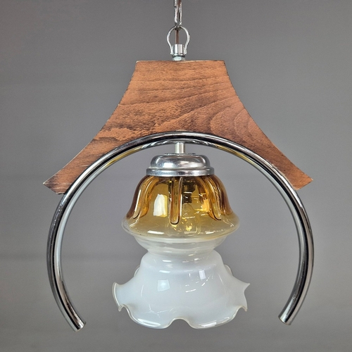 294 - 1970s ITALIAN MEZZEGA PENDANT LIGHT IN CHROME AND WOOD WITH GLASS SHADE. 38cm H x 34cm W x 75cm adju... 
