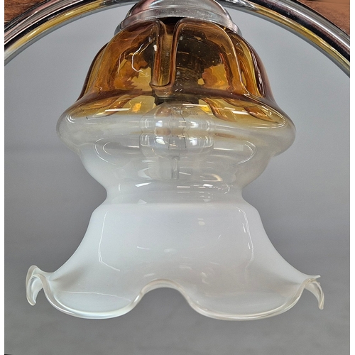 294 - 1970s ITALIAN MEZZEGA PENDANT LIGHT IN CHROME AND WOOD WITH GLASS SHADE. 38cm H x 34cm W x 75cm adju... 