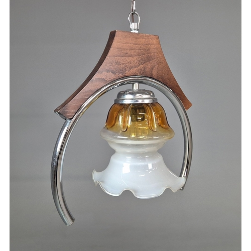 294 - 1970s ITALIAN MEZZEGA PENDANT LIGHT IN CHROME AND WOOD WITH GLASS SHADE. 38cm H x 34cm W x 75cm adju... 