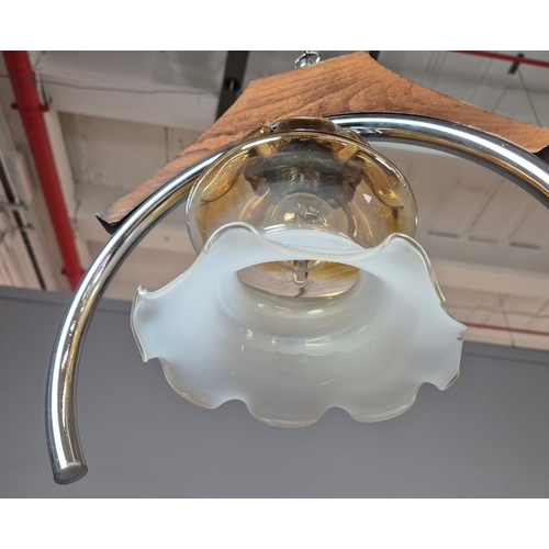 294 - 1970s ITALIAN MEZZEGA PENDANT LIGHT IN CHROME AND WOOD WITH GLASS SHADE. 38cm H x 34cm W x 75cm adju... 