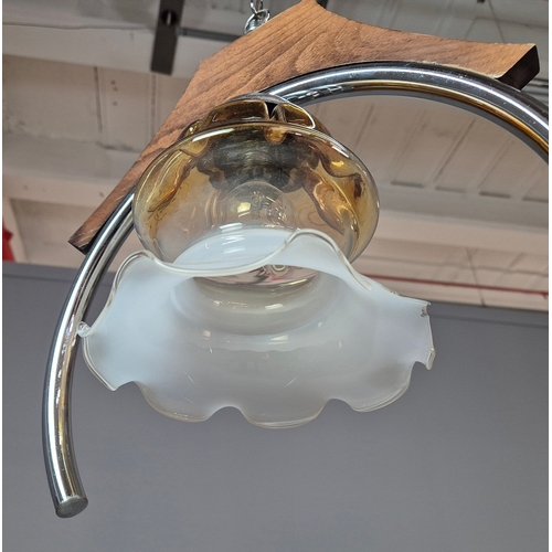 294 - 1970s ITALIAN MEZZEGA PENDANT LIGHT IN CHROME AND WOOD WITH GLASS SHADE. 38cm H x 34cm W x 75cm adju... 