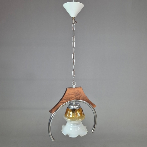 294 - 1970s ITALIAN MEZZEGA PENDANT LIGHT IN CHROME AND WOOD WITH GLASS SHADE. 38cm H x 34cm W x 75cm adju... 