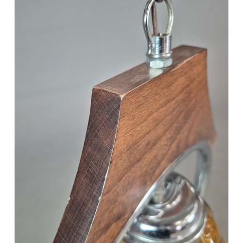 294 - 1970s ITALIAN MEZZEGA PENDANT LIGHT IN CHROME AND WOOD WITH GLASS SHADE. 38cm H x 34cm W x 75cm adju... 