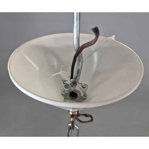 294 - 1970s ITALIAN MEZZEGA PENDANT LIGHT IN CHROME AND WOOD WITH GLASS SHADE. 38cm H x 34cm W x 75cm adju... 