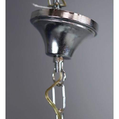 295 - 1970s ITALIAN MEZZEGA PENDANT LIGHT IN CHROME AND SHAPED WOOD WITH GLASS SHADE. 30cm H x 35cm W with... 