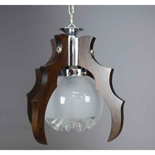295 - 1970s ITALIAN MEZZEGA PENDANT LIGHT IN CHROME AND SHAPED WOOD WITH GLASS SHADE. 30cm H x 35cm W with... 