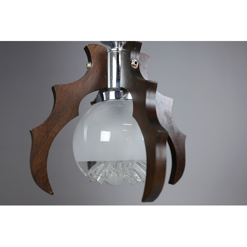 295 - 1970s ITALIAN MEZZEGA PENDANT LIGHT IN CHROME AND SHAPED WOOD WITH GLASS SHADE. 30cm H x 35cm W with... 