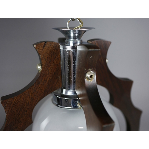 295 - 1970s ITALIAN MEZZEGA PENDANT LIGHT IN CHROME AND SHAPED WOOD WITH GLASS SHADE. 30cm H x 35cm W with... 