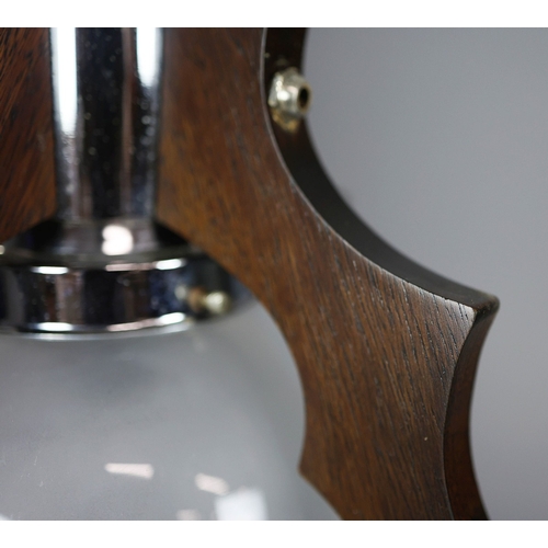 295 - 1970s ITALIAN MEZZEGA PENDANT LIGHT IN CHROME AND SHAPED WOOD WITH GLASS SHADE. 30cm H x 35cm W with... 