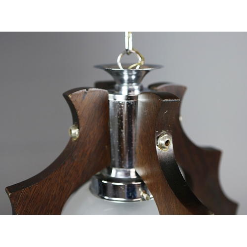 295 - 1970s ITALIAN MEZZEGA PENDANT LIGHT IN CHROME AND SHAPED WOOD WITH GLASS SHADE. 30cm H x 35cm W with... 