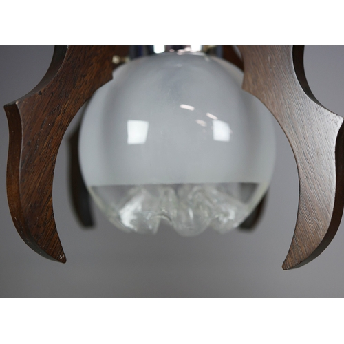 295 - 1970s ITALIAN MEZZEGA PENDANT LIGHT IN CHROME AND SHAPED WOOD WITH GLASS SHADE. 30cm H x 35cm W with... 