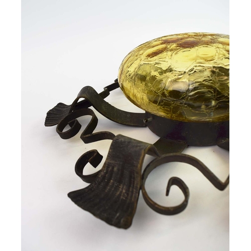 298 - 1970s ITALIAN BRUTALIST WROUGHT IRON WALL LIGHT WITH YELLOW CRACKLE GLASS SHADE. 47cm H x 47cm W x 1... 