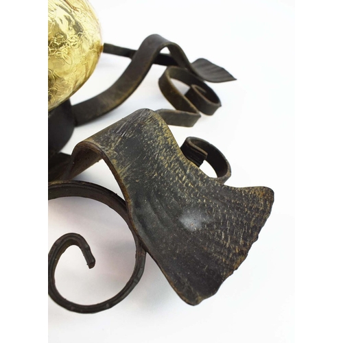 298 - 1970s ITALIAN BRUTALIST WROUGHT IRON WALL LIGHT WITH YELLOW CRACKLE GLASS SHADE. 47cm H x 47cm W x 1... 