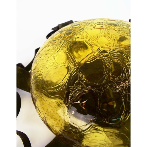 298 - 1970s ITALIAN BRUTALIST WROUGHT IRON WALL LIGHT WITH YELLOW CRACKLE GLASS SHADE. 47cm H x 47cm W x 1... 