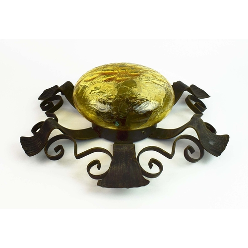 298 - 1970s ITALIAN BRUTALIST WROUGHT IRON WALL LIGHT WITH YELLOW CRACKLE GLASS SHADE. 47cm H x 47cm W x 1... 