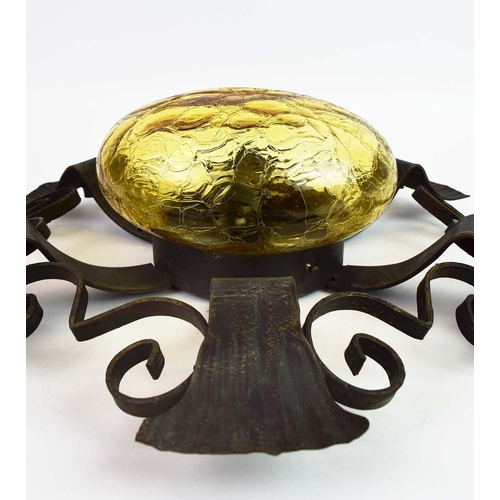 298 - 1970s ITALIAN BRUTALIST WROUGHT IRON WALL LIGHT WITH YELLOW CRACKLE GLASS SHADE. 47cm H x 47cm W x 1... 
