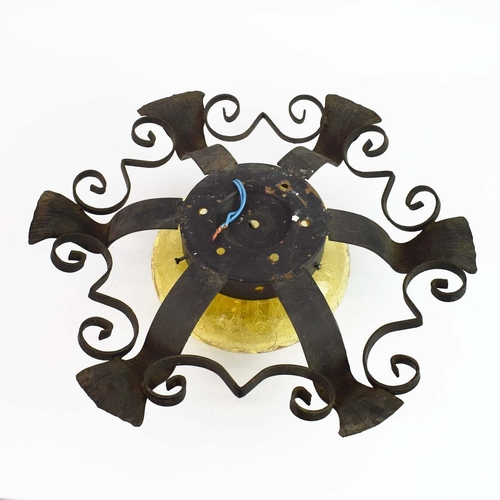 298 - 1970s ITALIAN BRUTALIST WROUGHT IRON WALL LIGHT WITH YELLOW CRACKLE GLASS SHADE. 47cm H x 47cm W x 1... 