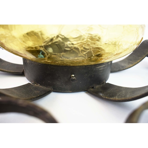 298 - 1970s ITALIAN BRUTALIST WROUGHT IRON WALL LIGHT WITH YELLOW CRACKLE GLASS SHADE. 47cm H x 47cm W x 1... 