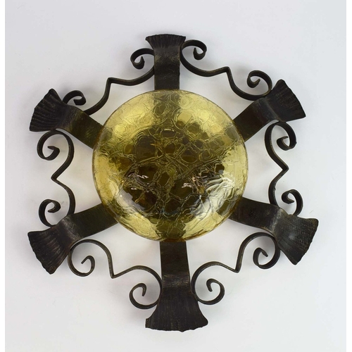 298 - 1970s ITALIAN BRUTALIST WROUGHT IRON WALL LIGHT WITH YELLOW CRACKLE GLASS SHADE. 47cm H x 47cm W x 1... 