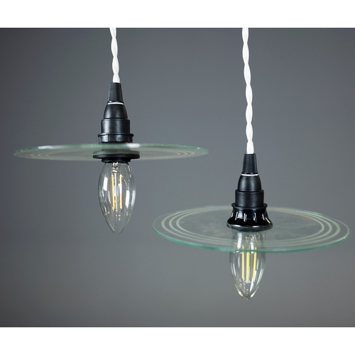 300 - SET OF FIVE ITALIAN PENDANT LIGHTS WITH CIRCULAR ETCHED GLASS SHADES. 73cm Height Adjustable Drop x ... 