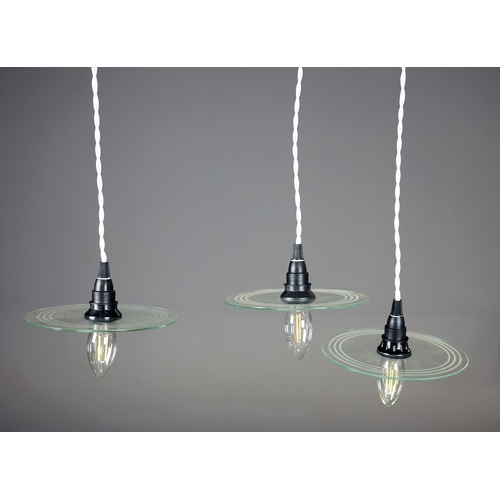 300 - SET OF FIVE ITALIAN PENDANT LIGHTS WITH CIRCULAR ETCHED GLASS SHADES. 73cm Height Adjustable Drop x ... 