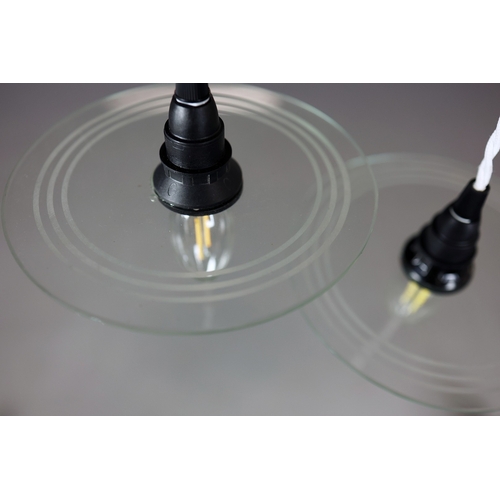 300 - SET OF FIVE ITALIAN PENDANT LIGHTS WITH CIRCULAR ETCHED GLASS SHADES. 73cm Height Adjustable Drop x ... 