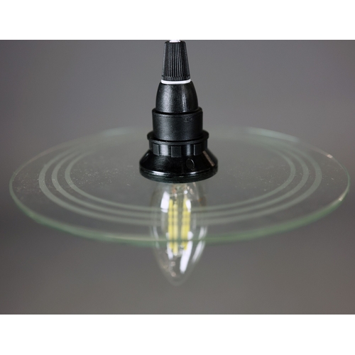 300 - SET OF FIVE ITALIAN PENDANT LIGHTS WITH CIRCULAR ETCHED GLASS SHADES. 73cm Height Adjustable Drop x ... 