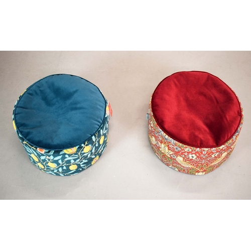 303 - WILLLIAM MORRIS POUFFES, A PAIR. bears label, each 51cm w x 35cm d.