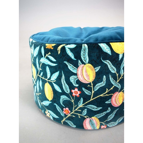 303 - WILLLIAM MORRIS POUFFES, A PAIR. bears label, each 51cm w x 35cm d.
