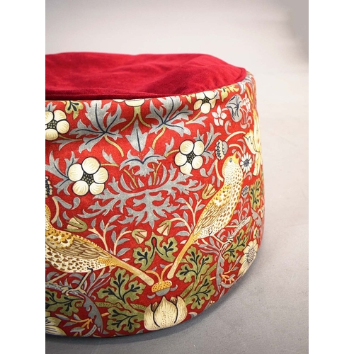 303 - WILLLIAM MORRIS POUFFES, A PAIR. bears label, each 51cm w x 35cm d.