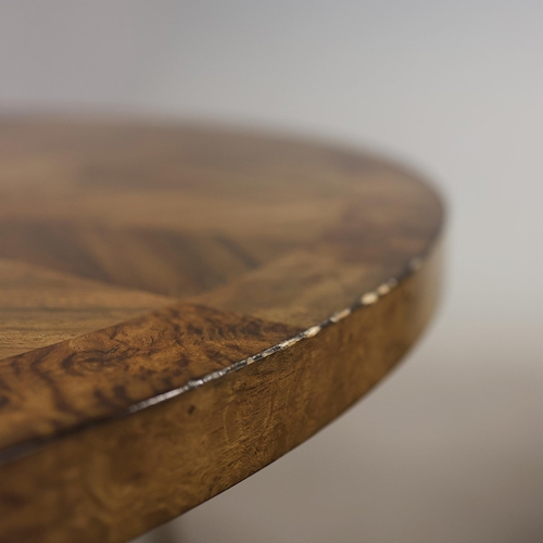 314 - CIRCULAR COFFEE TABLES (2). a nesting pair, with circular wooden parquetry tops on metal supports, t... 