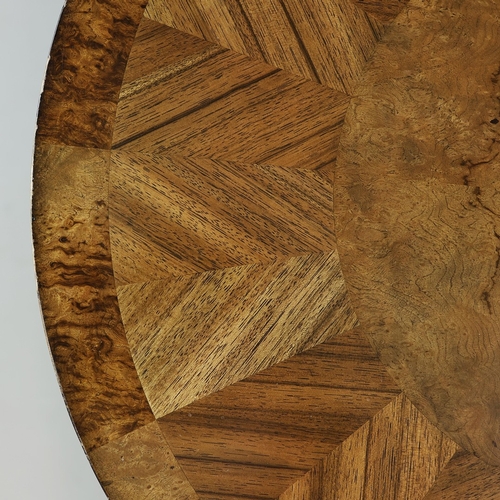 314 - CIRCULAR COFFEE TABLES (2). a nesting pair, with circular wooden parquetry tops on metal supports, t... 