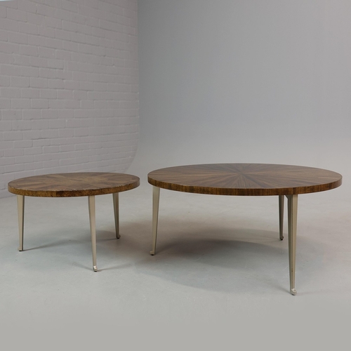 314 - CIRCULAR COFFEE TABLES (2). a nesting pair, with circular wooden parquetry tops on metal supports, t... 