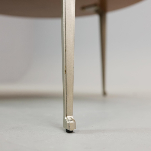 314 - CIRCULAR COFFEE TABLES (2). a nesting pair, with circular wooden parquetry tops on metal supports, t... 