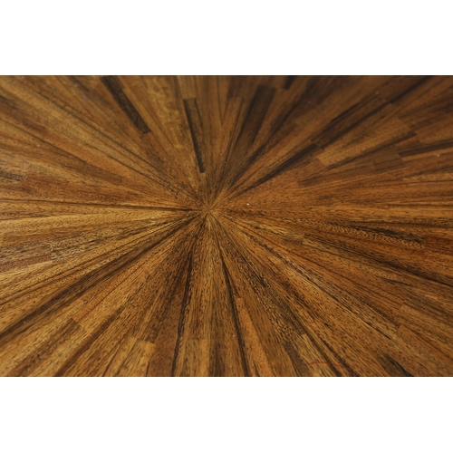 314 - CIRCULAR COFFEE TABLES (2). a nesting pair, with circular wooden parquetry tops on metal supports, t... 