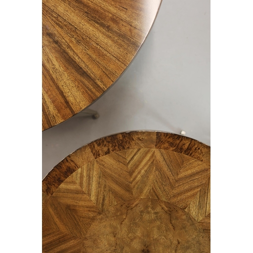 314 - CIRCULAR COFFEE TABLES (2). a nesting pair, with circular wooden parquetry tops on metal supports, t... 