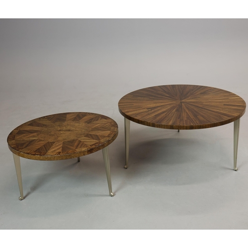 314 - CIRCULAR COFFEE TABLES (2). a nesting pair, with circular wooden parquetry tops on metal supports, t... 