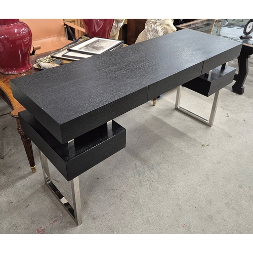 321 - CONSOLE TABLE, CONTEMPORARY STYLE. with polished metal legs 50cm d x 78cm t x 150 cm w.