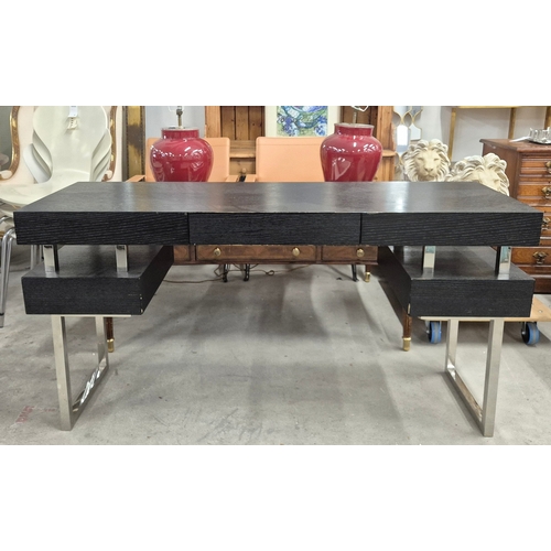 321 - CONSOLE TABLE, CONTEMPORARY STYLE. with polished metal legs 50cm d x 78cm t x 150 cm w.