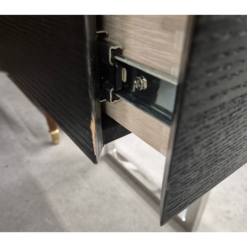 321 - CONSOLE TABLE, CONTEMPORARY STYLE. with polished metal legs 50cm d x 78cm t x 150 cm w.