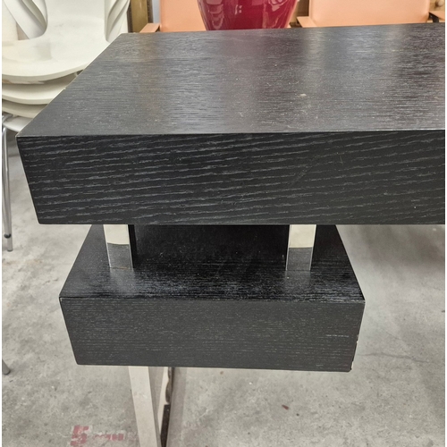 321 - CONSOLE TABLE, CONTEMPORARY STYLE. with polished metal legs 50cm d x 78cm t x 150 cm w.