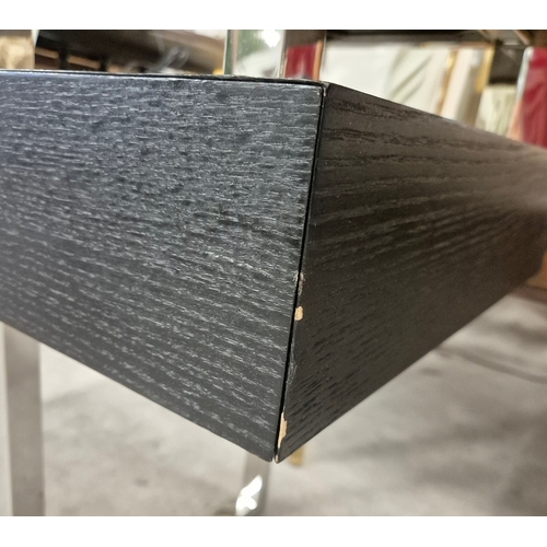 321 - CONSOLE TABLE, CONTEMPORARY STYLE. with polished metal legs 50cm d x 78cm t x 150 cm w.