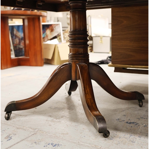 322 - DINING TABLE. with twin pedestal and one extra leaf. 225cm l unextended 112cm d x 77cm t. Leaf 56cm ... 